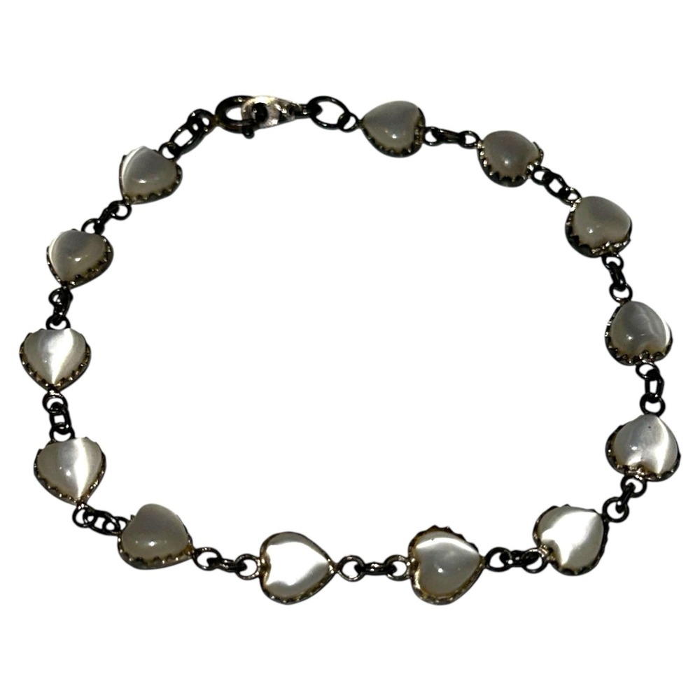Vintage CW - Sterling‎ Silver- HEART Mother Of Pearl 8" BRACELET-Valentine/Love